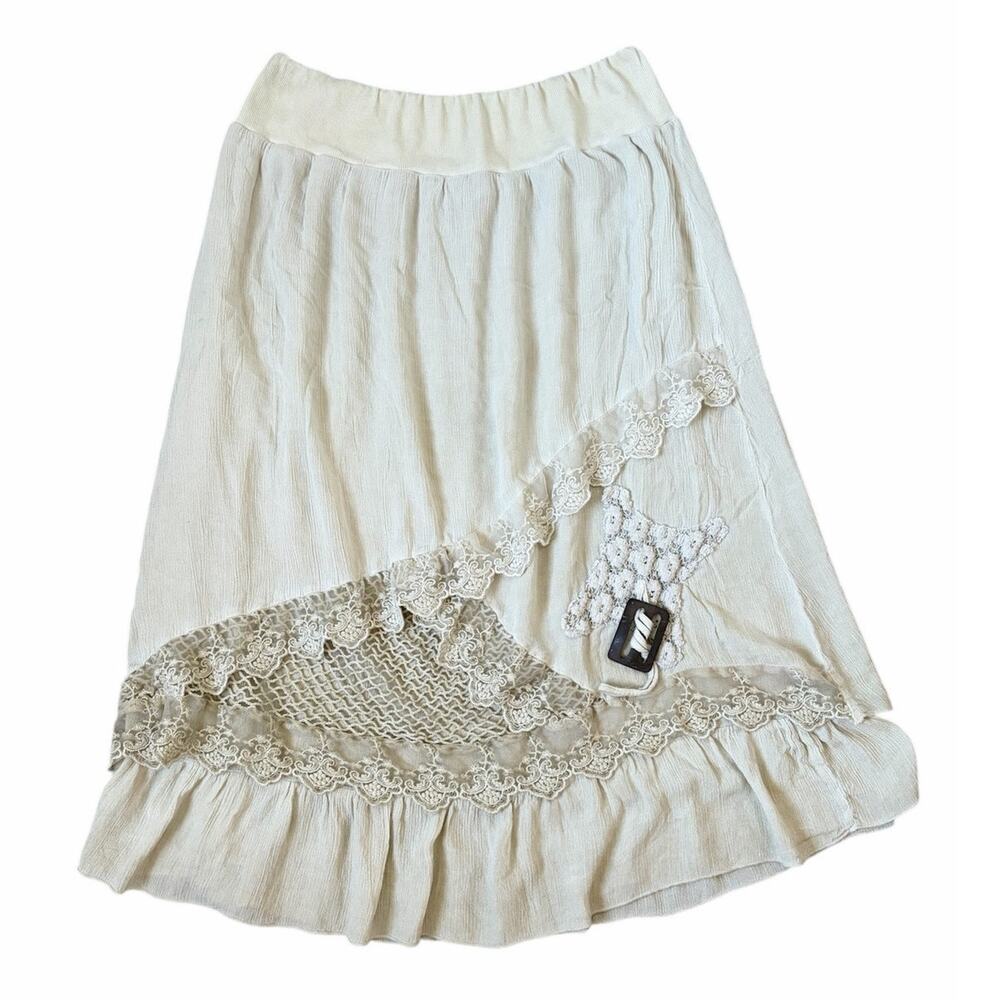 Indira Cream Lace Trimmed Pull On Elastic Waist Midi Skirt Boho Cottagecore Sz M